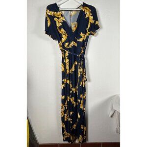 Gilli Women Navy Gold Baroque Print Short Sleeve Wrap Maxi Dress Small Tie-Waist